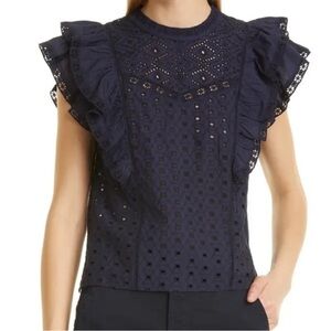 Veronica Beard Jie Navy Eyelet Ruffle Sleeve 100% Cotton Women's Top Size 6